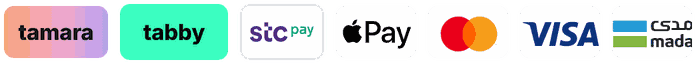 وسائل الدفع: تمارا، تابي، STC Pay، Apple Pay، ماستركارد، فيزا، مدى